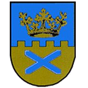 Ein blauer und gelber Schild mit einem großen blauen X in der Mitte und einer goldenen Krone über dem Schild.