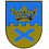 Langenwang-Logo. Ein blauer und gelber Schild mit einem großen blauen X in der Mitte und einer goldenen Krone über dem Schild.