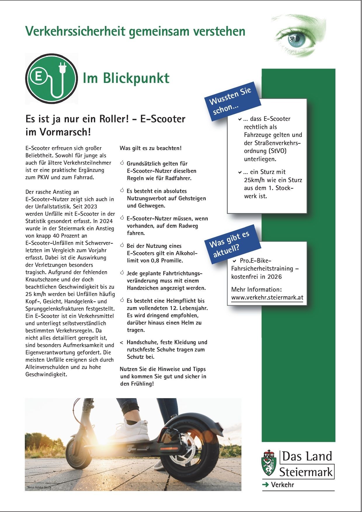 Ein Infografik über E-Scooter, das ihre Popularität, Vorschriften und Sicherheit diskutiert. Es wird erwähnt, dass E-Scooter als Fahrzeuge gelten und sich an Verkehrsregeln halten müssen. Die Infografik betont die Notwendigkeit von Helmen und Schutzausrüstung und hebt die Bedeutung verantwortungsvollen Gebrauchs hervor.