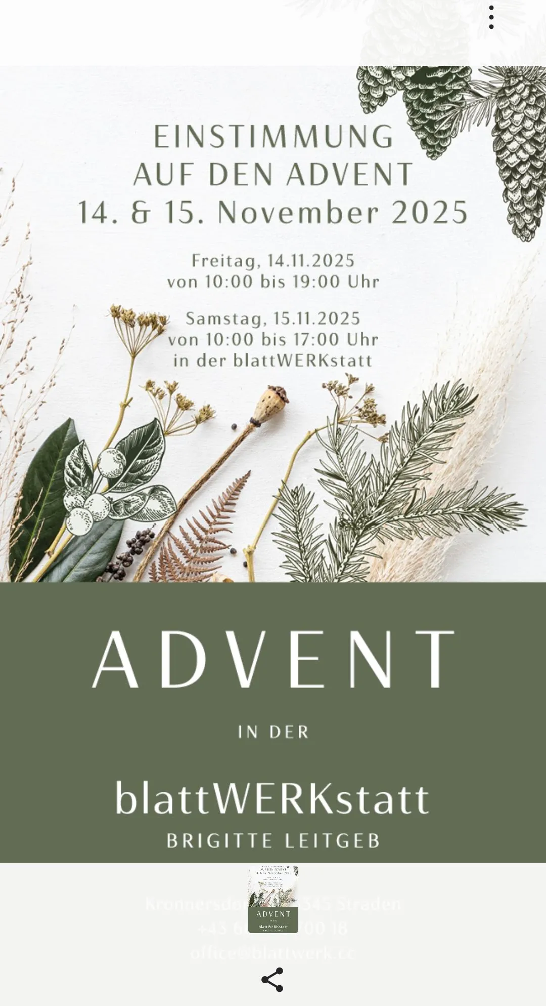 Ein Poster für den Advent in der BlattWERKstatt am Freitag, 14.11.2025, von 10:00 bis 19:00 Uhr und am Samstag, 15.11.2025, von 10:00 bis 17:00 Uhr. Das Poster zeigt eine Illustration verschiedener Blätter und Pflanzen.