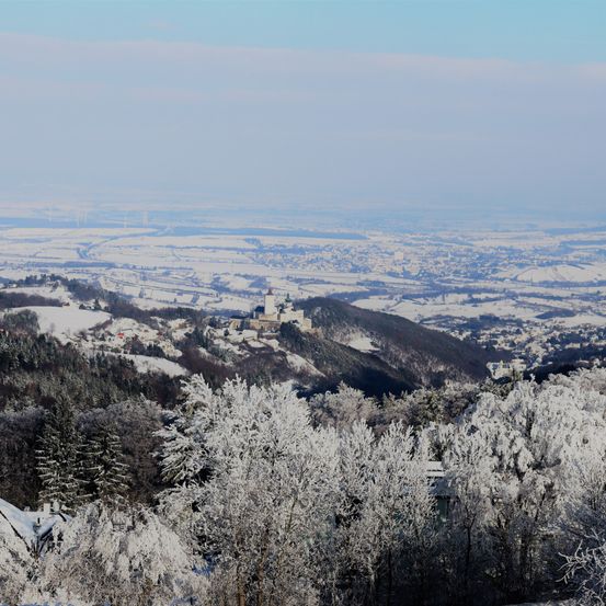 Ein Winterbild mit schneebedeckten Hügeln, Bäumen und Gebäuden. Der Horizont zeigt eine Stadt mit einer entfernten burgartigen Struktur. Der Himmel ist klar und blau.