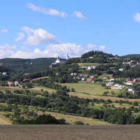 Eine ländliche Landschaft mit einer Burg auf einem Hügel unter einem blauen Himmel mit Wolken. Das Dorf unten ist von grünen Feldern und Bäumen umgeben.