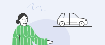 A woman holding a key points to a car with a wavy line. She wears a green sweater and white pants.