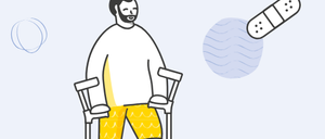 Illustration eines Mannes in einem Stuhl mit Krücken, der einen Verband am Fuß trägt.