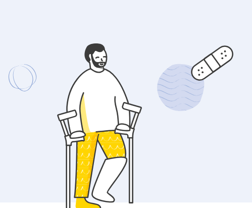 Illustration eines Mannes in einem Stuhl mit Krücken, der einen Verband am Fuß trägt.