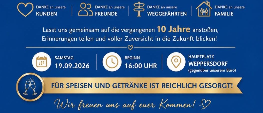 Ein Plakat zur Feier von 10 Jahren UNIQA Generalagentur Priber & Durda OG. Es zeigt vier Personen, ein Herz, Luftballons und eine Schleife. Der Text betont Vertrauen, Begegnungen und gemeinsame Wege.
