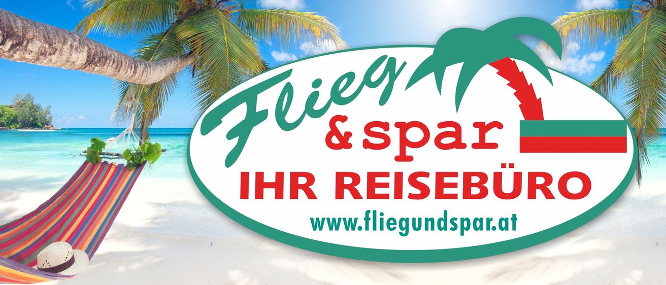 Ein Werbebanner für ein Reisebüro namens 'Flieg & Spar HR Reisebüro' mit tropischem Thema, das eine Palme und einen klaren blauen Himmel zeigt. Die Website lautet www.fliegsundspar.at.