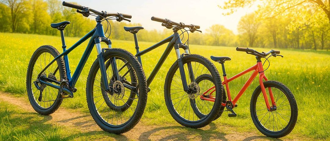 Drei Fahrräder geparkt auf einem Feld mit Sonnenlicht und Gras im Hintergrund. Die Fahrräder sind in verschiedenen Farben und Größen.