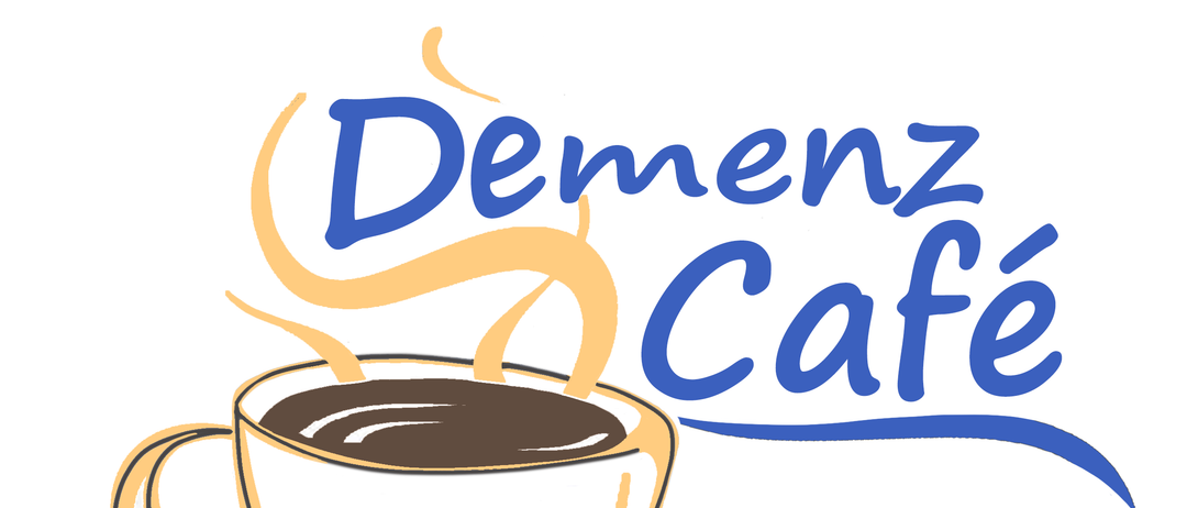 Eine Illustration einer dampfenden Tasse Kaffee mit Untertasse auf weißem Hintergrund. Das Wort 'Demenz Cafe' steht in Blau und Gelb über der Tasse.