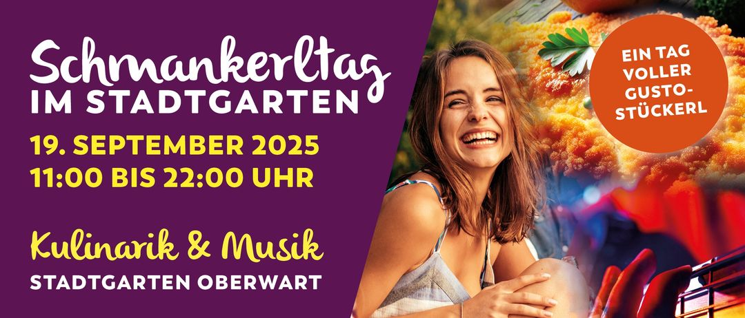 Werbeposter für die Veranstaltung 'Bankerlttag' in Oberwart. Es zeigt eine lächelnde Frau und ein Essensgericht. Der Termin ist November 2025 um 22:00 Uhr.