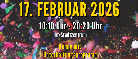 Plakat für Oberwart Faschingdienstag Veranstaltung am 17. Februar 2026 von 10:10 Uhr bis 20:20 Uhr im Stadtzentrum. Bietet Live-Musik, Kindertheater und Maskenpreise. Preise: 100 für den Eintritt, 70 für den Zugang zur Bar, 50 für die Maske.