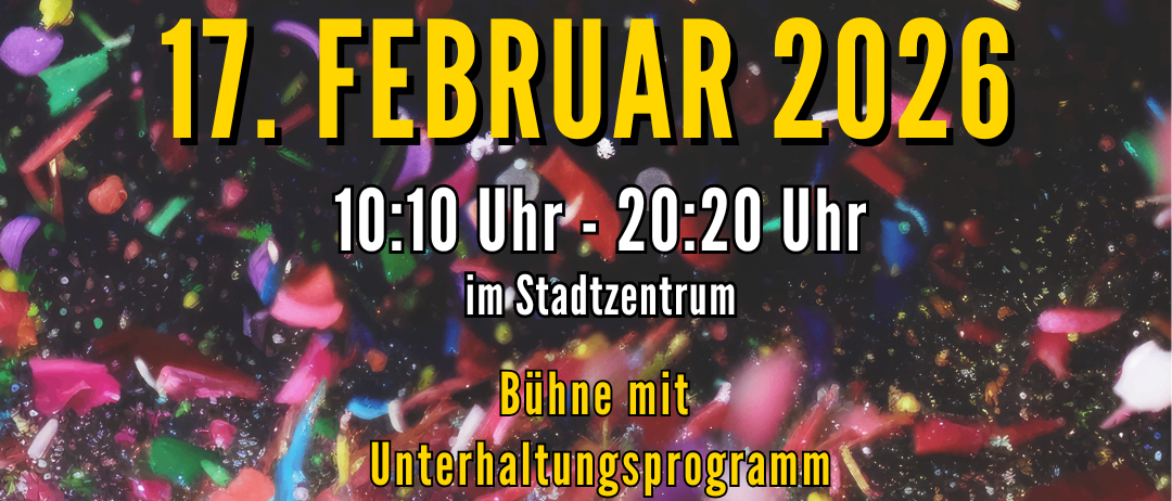 Plakat für Oberwart Faschingdienstag Veranstaltung am 17. Februar 2026 von 10:10 Uhr bis 20:20 Uhr im Stadtzentrum. Bietet Live-Musik, Kindertheater und Maskenpreise. Preise: 100 für den Eintritt, 70 für den Zugang zur Bar, 50 für die Maske.
