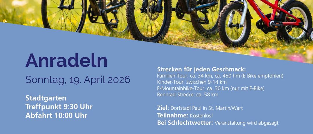 Poster with three bicycles and details about cycling tours for different distances. Date is April 19, 2026. Family tour is 34 km, children's tour is 9-14 km. E-Mountainbike tour is 30 km.