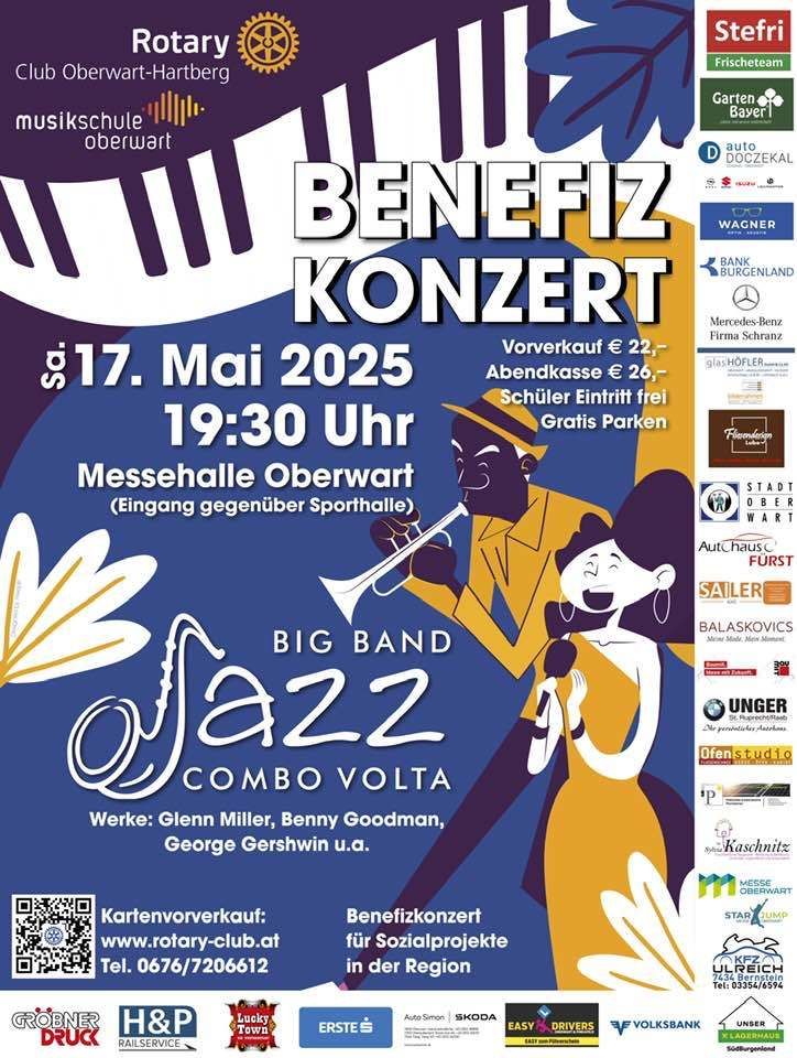 Plakat für ein Benefizkonzert am 17. Mai 2025 um 19:30 in der Messehalle Oberwart. Mit Big Band Jazz Combo Volta, Werken von Glenn Miller, Benny Goodman und George Gershwin. Ticketpreise und kostenloser Eintritt für Schüler angegeben. QR-Code für Tickets.