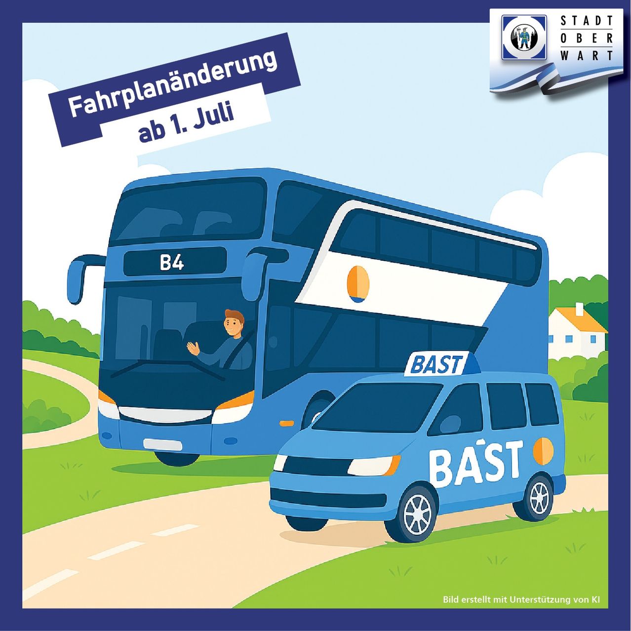 Eine Illustration eines blauen Doppeldeckerbusses und eines Vans mit der Aufschrift 'BAST' auf einer Straße. Der Bus hat 'B4' auf der Vorderseite und ein Mann fährt. Der Van hat ein 'BAST'-Schild auf der Seite.