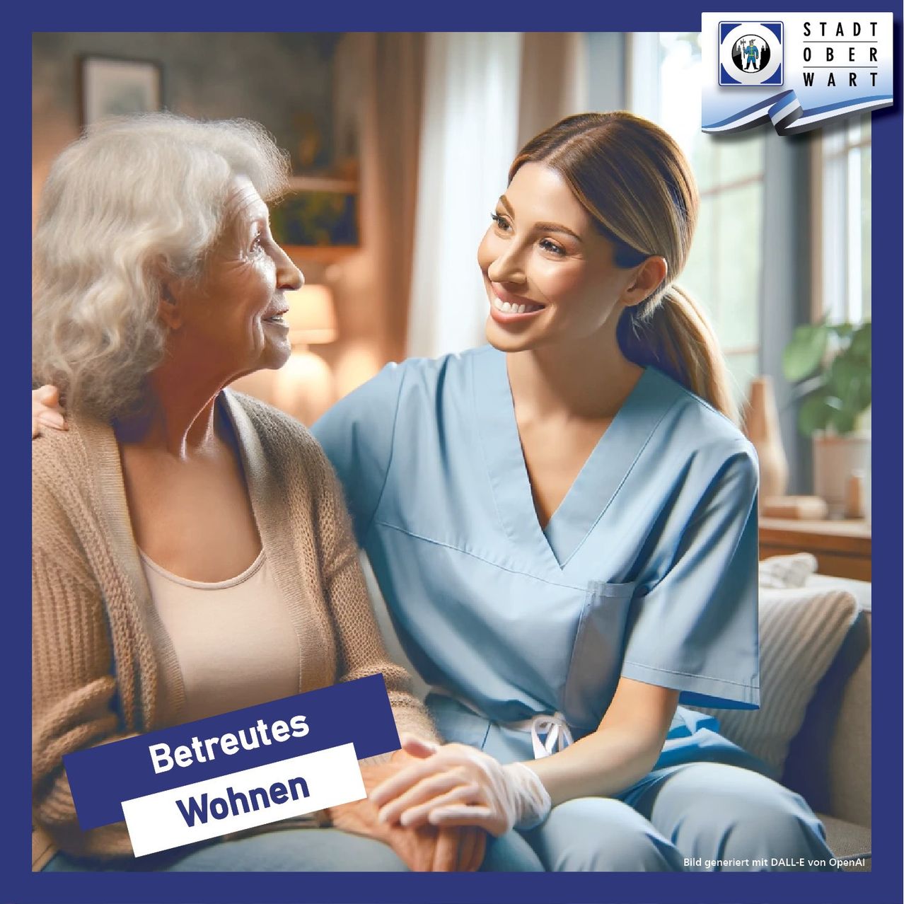 Eine ältere Frau und eine junge Krankenschwester lächeln und halten Händchen. Die Krankenschwester trägt ein blaues Uniform. Sie sitzen auf einer Couch in einem gut beleuchteten Raum. Der Text lautet 'Betreutes Wohnen'.