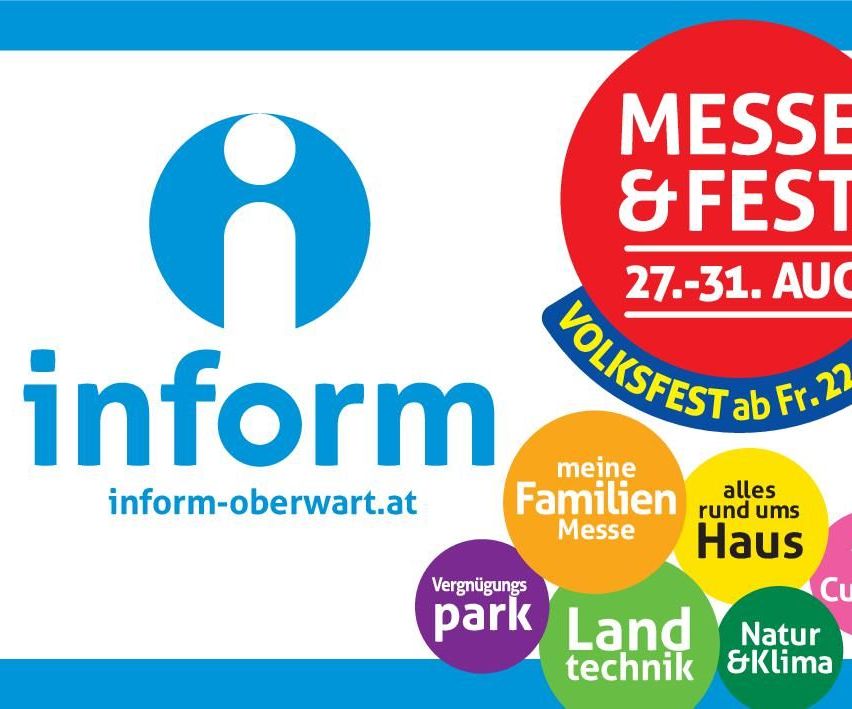 Werbeplakat für einen Familienmarkt vom 27. bis 31. August. Kategorien umfassen Familienmesse, Vergnügungspark, Landtechnik und Natur und Klinik.