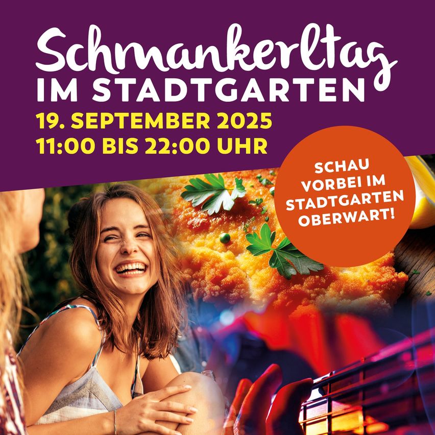 Ein Plakat für den Gourmet-Tag im Stadtgarten am 19. September 2025 von 11:00 bis 22:00 Uhr. Es zeigt eine lächelnde Frau und ein Gericht.