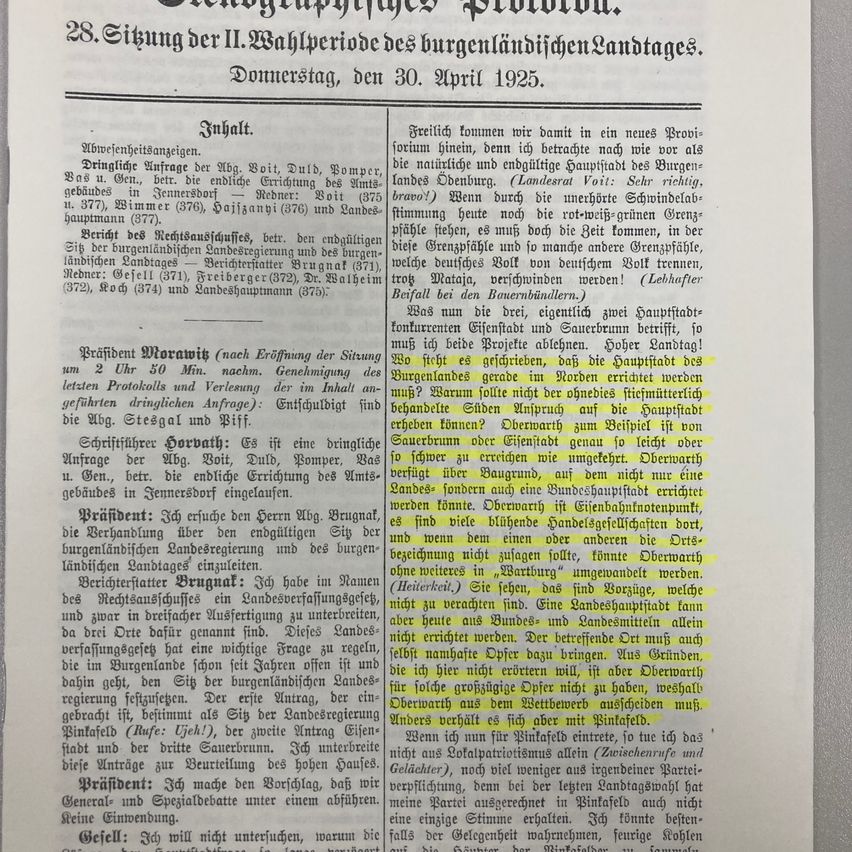 Ein Dokument, das die 28. Sitzung der II. Badperiode des Burgenland Landtags am 30. April 1925 beschreibt. Es enthält eine Zusammenfassung der Abläufe, der diskutierten Themen und offizieller Erklärungen. Die Sitzung fand in Jennersdorf statt.