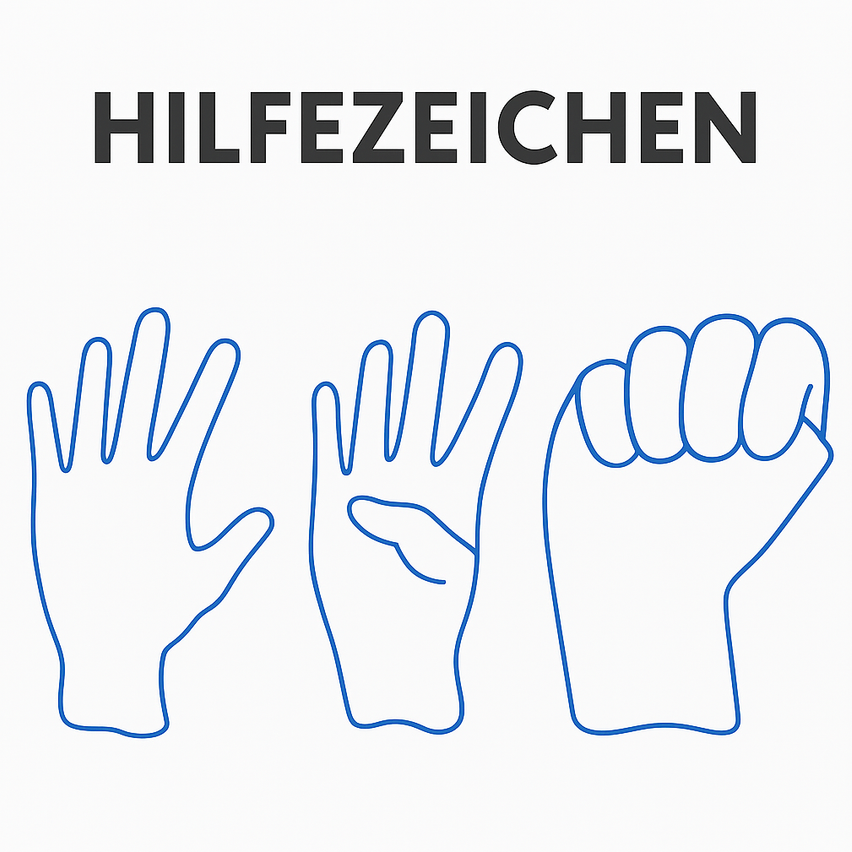 Ein weißer Hintergrund mit drei blauen Handkonturen in verschiedenen Gesten. Das Wort 'HILFEZEICHEN' ist in Schwarz über den Händen angezeigt.