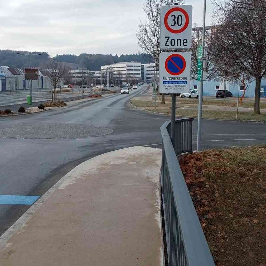 Ein 30er-Zonenschild und ein Parkverbotsschild sind an einem Bürgersteig neben einer Straße angebracht. Es gibt ein Metallgeländer und vertrocknete Blätter auf dem Boden.