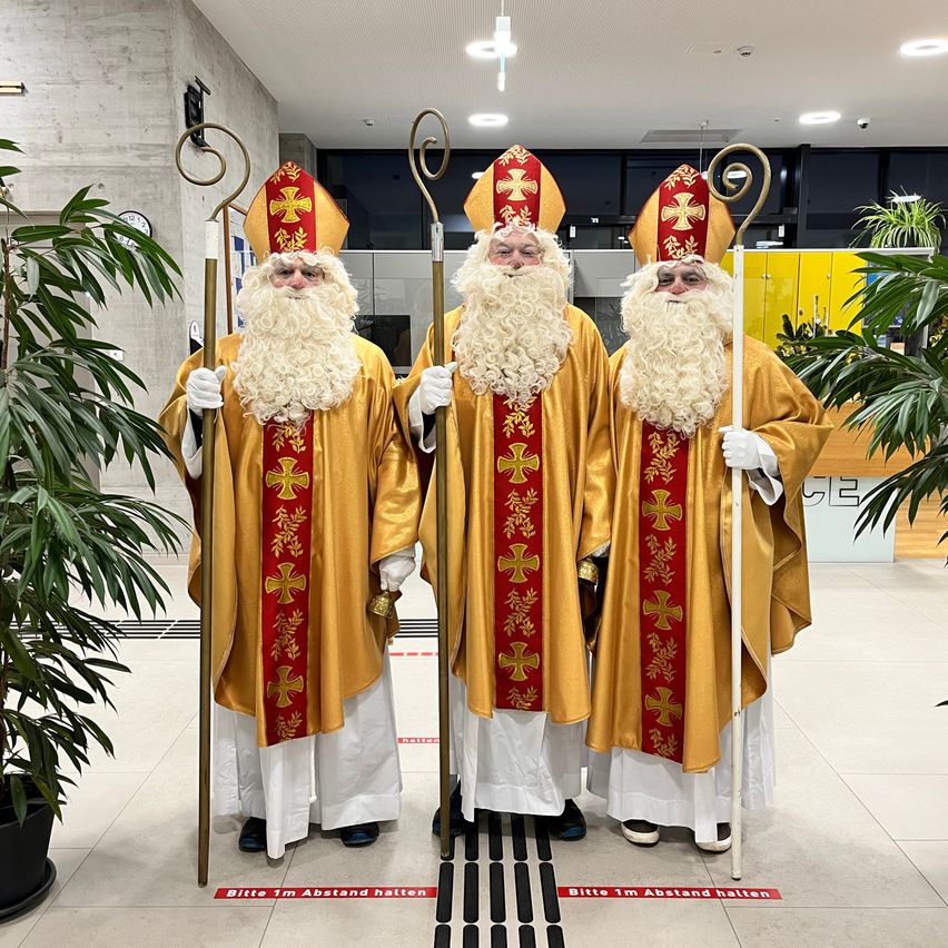 Drei Männer in goldenen und roten Roben mit weißen Bärten und Hüten stehen zusammen, halten Stäbe und sind von Pflanzen und einem roten Bodenschild umgeben.