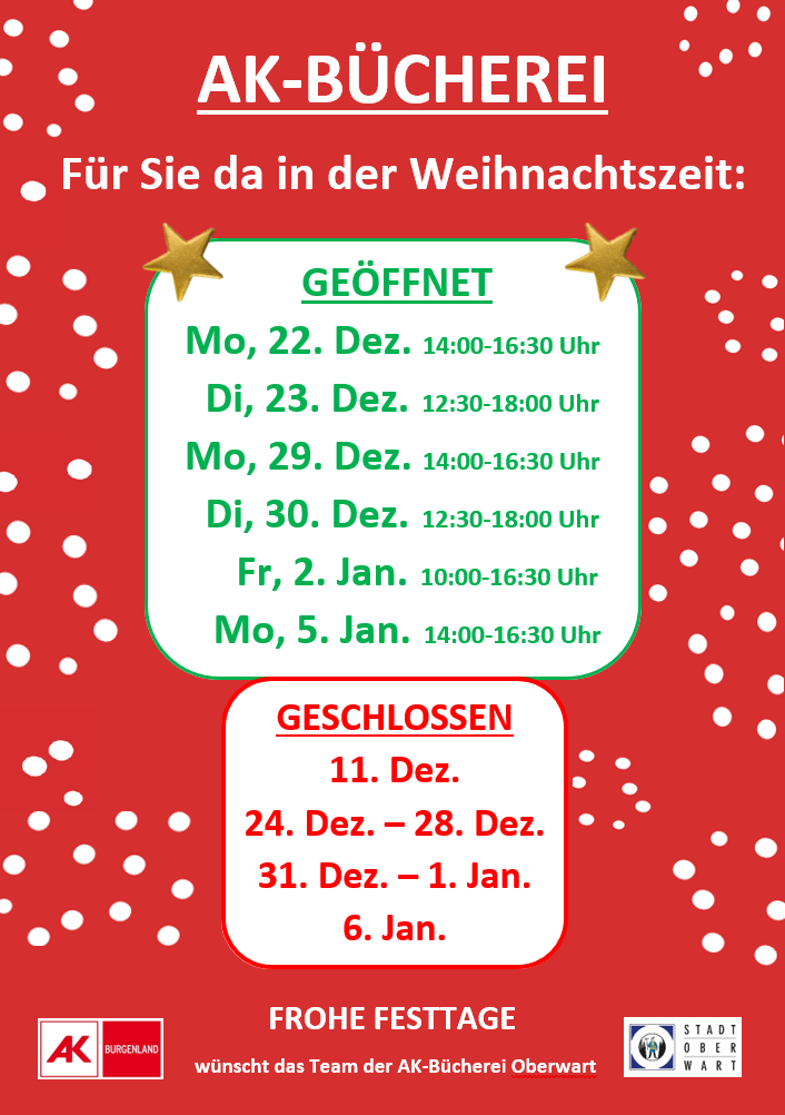 Weihnachtsöffnungszeiten: Mo, 22. Dez. 14:00-16:30; Di, 23. Dez. 12:30-18:00; Mo, 29. Dez. 14:00-16:30; Di, 30. Dez. 12:30-18:00; Fr, 2. Jan. 10:00-16:30; Mo, 5. Jan. 14:00-16:30. Geschlossen: 11. Dez., 24.-28. Dez., 31. Dez.-1. Jan., 6. Jan.