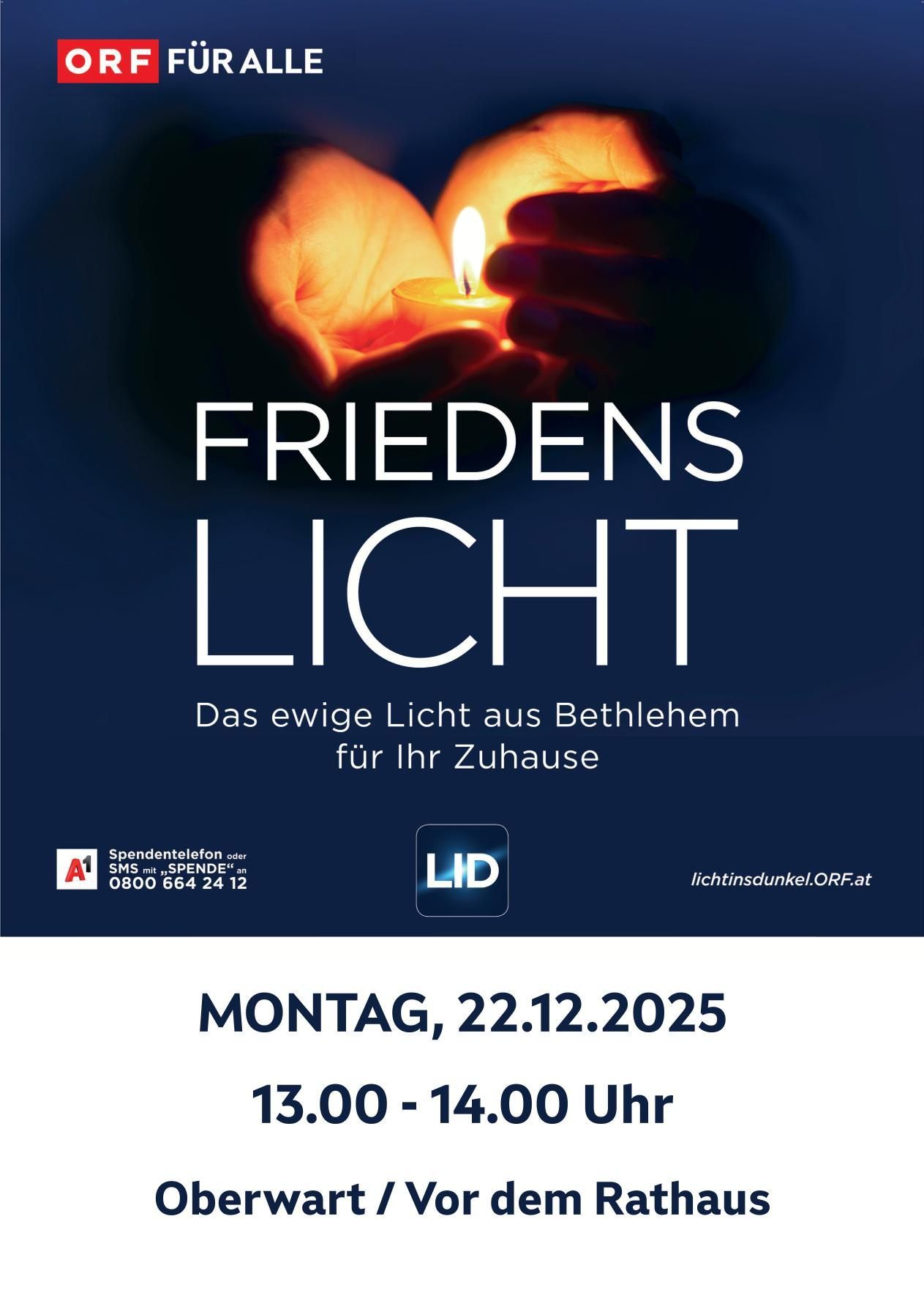 Plakat für Friedenslicht mit Händen, die eine Kerze halten, ein Logo und eine Telefonnummer. Die Veranstaltung findet am Montag, 22. Dezember 2025, von 13:00 bis 14:00 Uhr statt.
