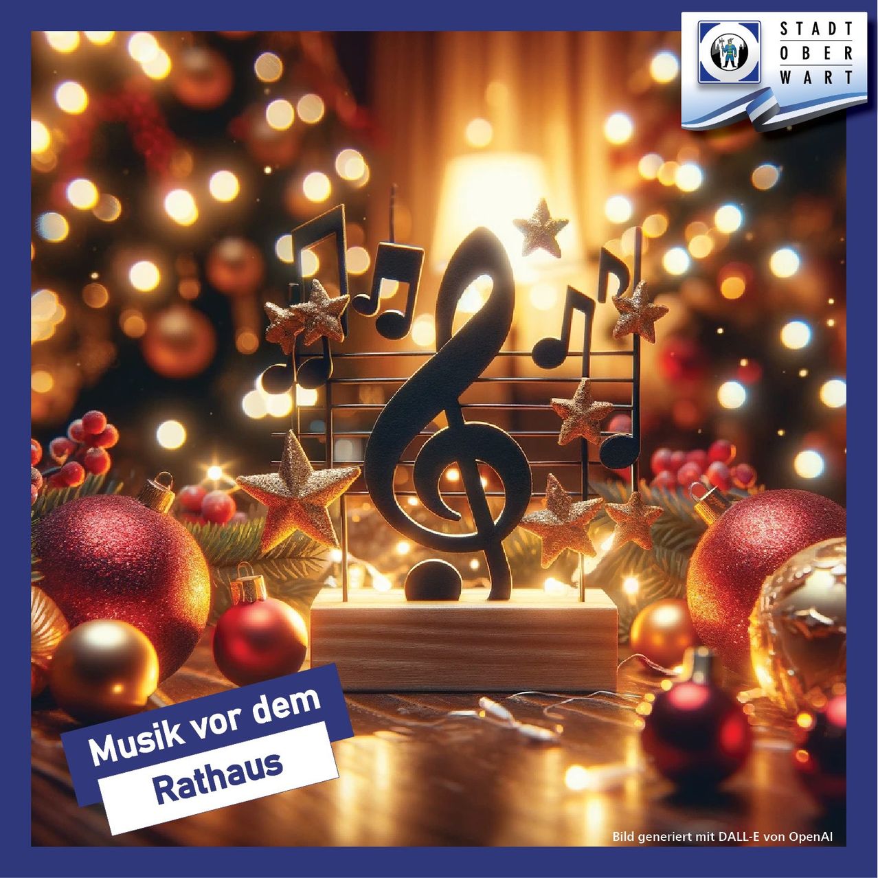 Ein hölzerner Notenständer zeigt einen Violinschlüssel und Sterne, vor einem festlichen Hintergrund mit Weihnachtskugeln und Lichtern. Das Bild enthält die Worte 'Musik vor dem Rathaus'.