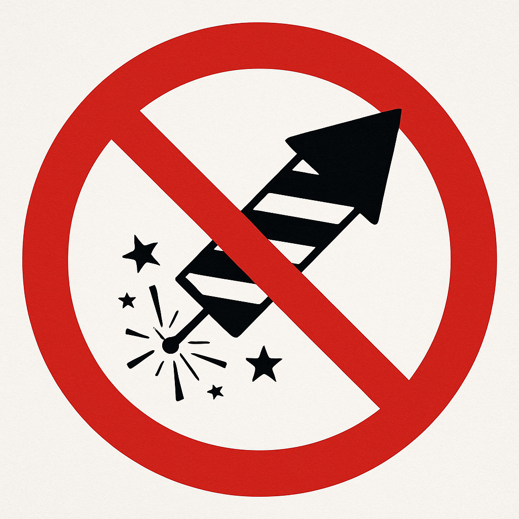 Ein roter Kreis mit einer diagonalen Linie durch ein Feuerwerkssymbol und Sterne darum herum.