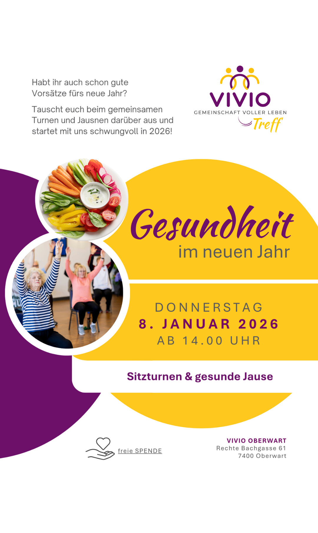 Eine Werbung für eine Veranstaltung zum gesunden Lebensstil am 8. Januar 2026, mit Bildern einer Gemüseplatte und Menschen, die Yoga praktizieren, und dem Text 'Gesundheit im neuen Jahr'.