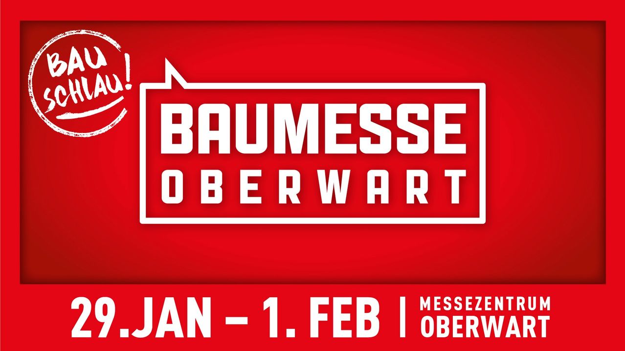 Ein roter Plakat wirbt für die Baumesse Oberwart Veranstaltung, geplant vom 1. Januar bis 1. Februar. Der Text ist in weißer Schrift auf einem kräftigen roten Hintergrund.