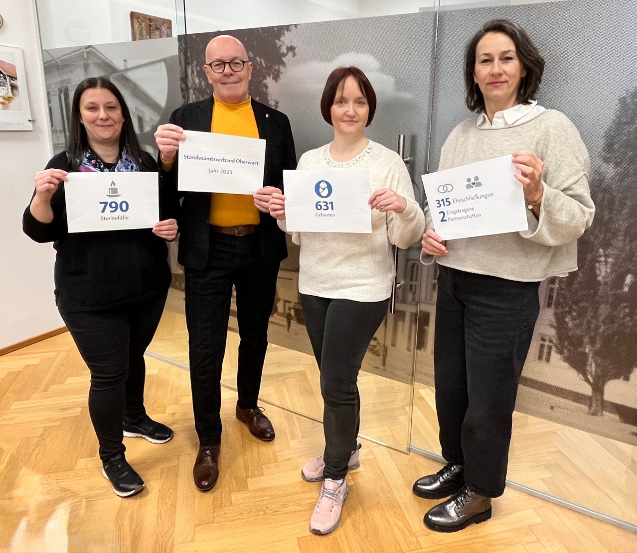 Vier Personen halten Schilder in einem Raum. Ein Schild sagt 790 Todesfälle, ein anderes sagt 631 Geburten, ein anderes sagt 315 Langzeitschwangerschaften und das letzte sagt 2 Partnerschaften.