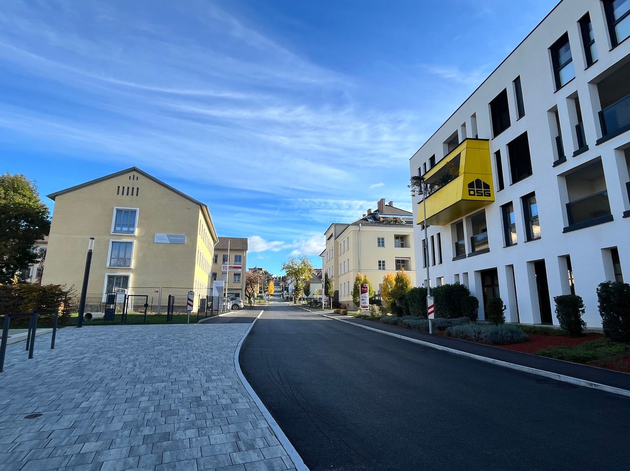 Eine leere Straße in einem Wohngebiet mit Gebäuden auf beiden Seiten, einem klaren blauen Himmel und Bäumen und Büschen entlang der Straße.