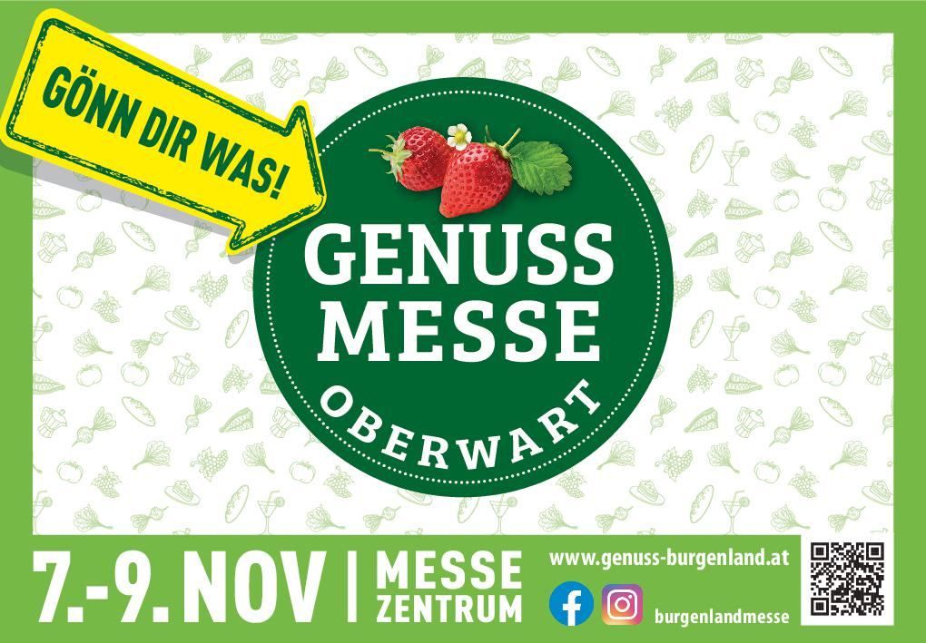Ein Werbeplakat für die Genuss Messe Oberwart mit einem grünen Kreis, Erdbeeren und Blättern, und dem Datum 9. November. Es enthält einen Link zur Website und Social-Media-Symbole.