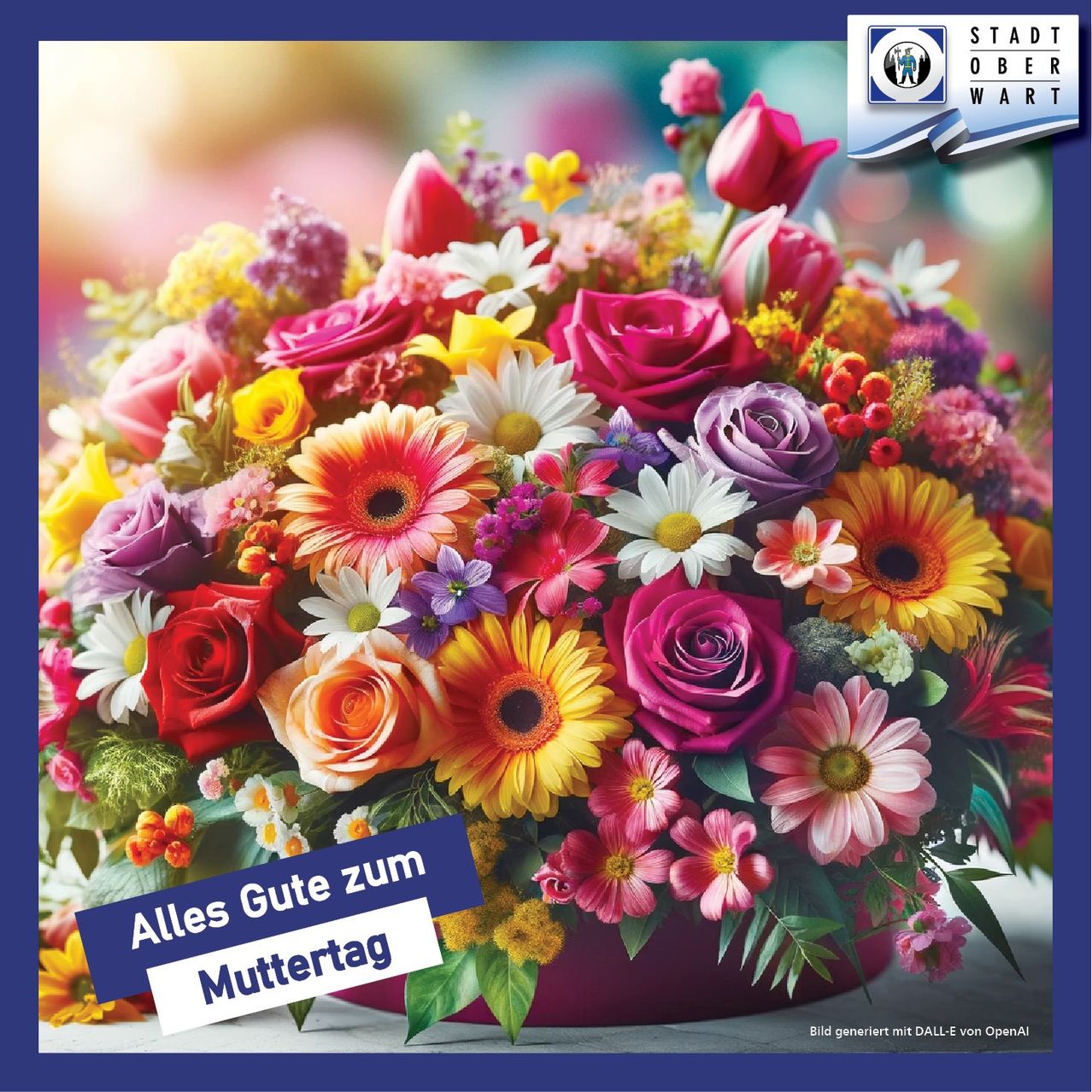 Ein leuchtender Blumenstrauß in verschiedenen Farben und Größen, einschließlich Rosen, Gänseblümchen und mehr, in einem roten Topf mit blauem Rand angeordnet. Das Bild hat unten ein festliches Banner auf Deutsch mit 'Alles Gute zum Muttertag' und einem Wasserzeichen.