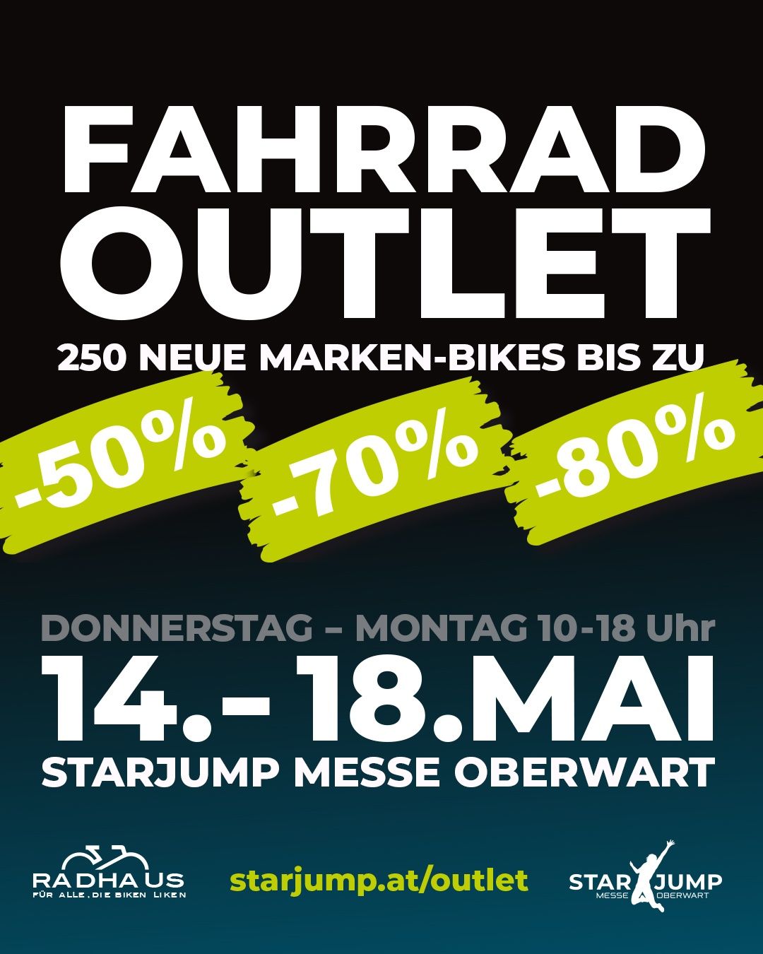Fahrrad Outlet-Veranstaltung mit 250 neuen Fahrrädern bis zu 80% Rabatt. Termine: Donnerstag bis Montag, 10-18. Mai in der Starjump Messe Oberwart.