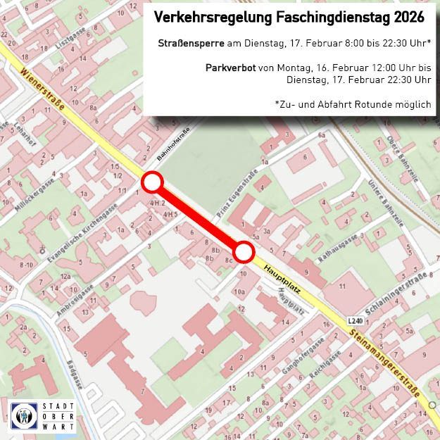 Eine Karte mit Straßensperrungen am 17. Februar 2026 von 8:00 Uhr bis 22:30 Uhr. Eine rote Linie zeigt das betroffene Gebiet an.