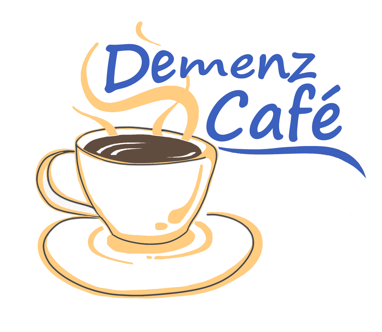 Illustration einer dampfenden Kaffeetasse auf einer Untertasse mit den Worten 'DemenZ Cafe' darüber.
