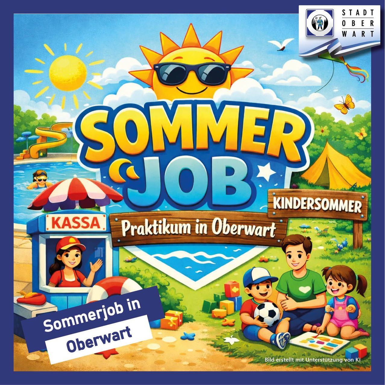 Eine Illustration eines sonnigen Tages mit spielenden Kindern und einer Frau, die Eis am Stand verkauft. Der Titel lautet 'Sommer Job'.