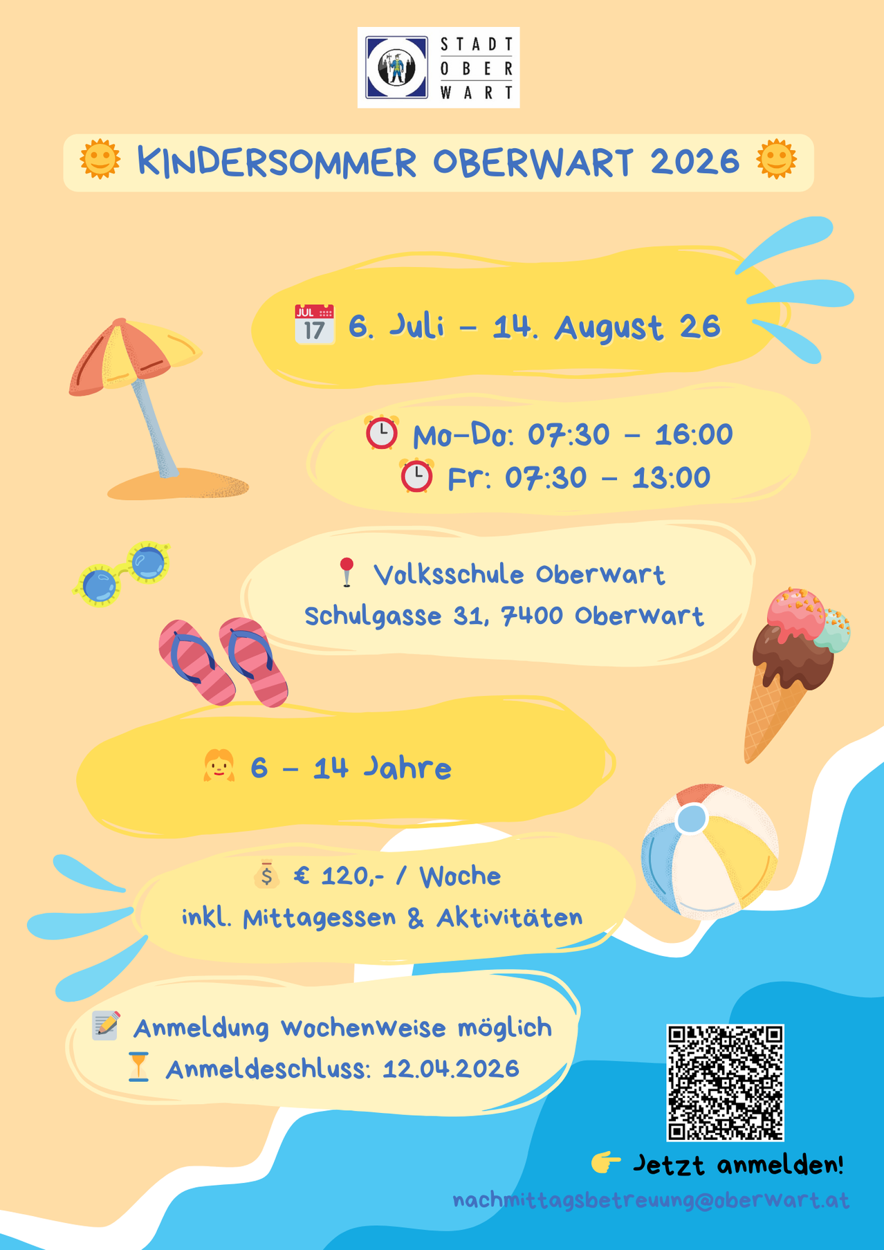 Sommercamp vom 6. Juli bis 14. August. Montag bis Freitag, 07:30 - 16:00, Freitag bis 13:00. Volksschule Oberwart, Schulgasse 31, 7400 Oberwart. Für Kinder im Alter von 6-14 Jahren. 120 EUR/Woche, inklusive Mittagessen und Aktivitäten. Wöchentliche Anmeldung möglich. Kontakt: +43 676 32026.