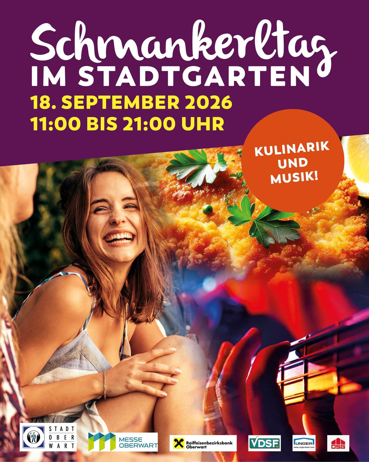 Plakat für das Schnitzeltag im Stadtgarten-Event am 18. September 2026, mit einer lächelnden Frau und einem Gericht mit Petersilie, sowie einer Person, die eine Gitarre spielt.
