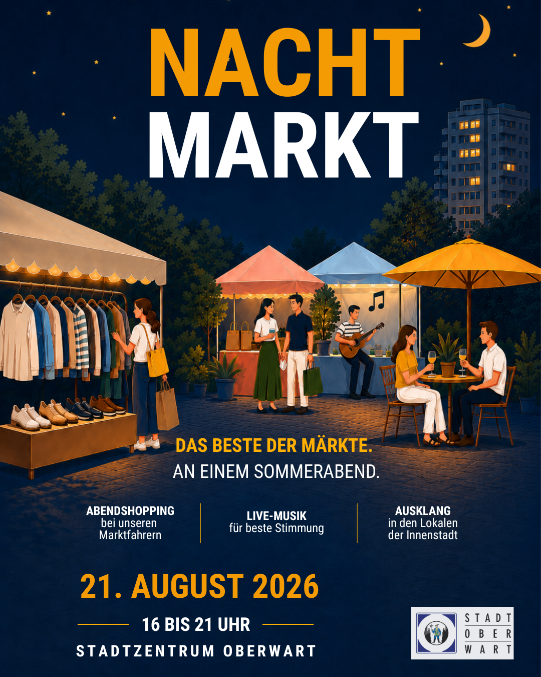 Plakat für eine Nachtmarkt-Veranstaltung am 21. August 2026 mit Ständen für Kleidung, Live-Musik und Leuten, die Getränke genießen und einkaufen.