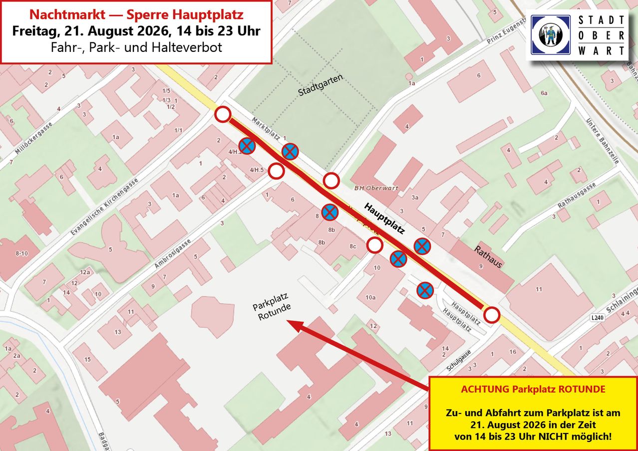 Eine Karte, die das Sperre Hauptplatz-Event am 21. August 2026 von 14 bis 23 Uhr zeigt, mit markierten Orten und einem roten Pfeil, der die Route anzeigt.