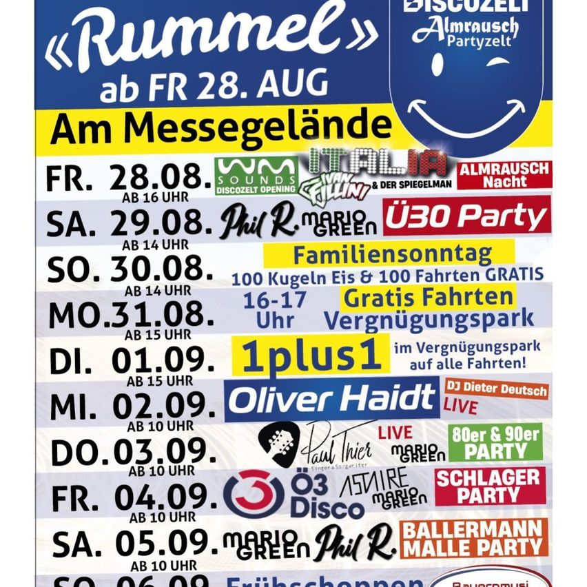 Ein Plakat, das verschiedene Veranstaltungen im Messegelände vom 28. August bis 6. September ankündigt, mit Künstlern wie Phil R. Mario Green und Oliver Haidt, mit Angaben zu Zeiten und Aktivitäten.