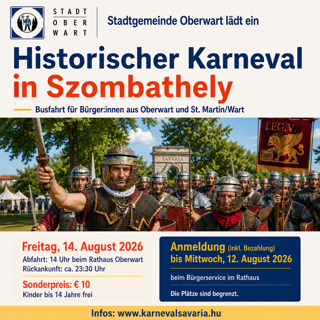 Plakat für einen historischen Karneval in Szombathely, mit römischen Soldaten in Rüstung, einem Stadtlogo und Details zu Datum, Uhrzeit und Kosten der Veranstaltung.