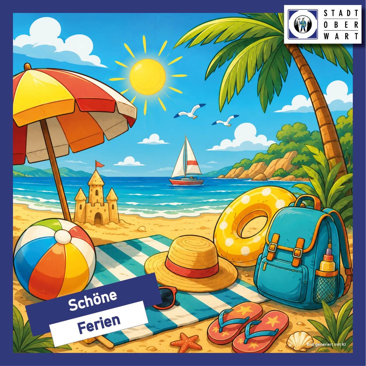 A sunny beach scene with a colorful umbrella, a sandcastle, a boat, and beach toys. A palm tree and a blanket are nearby. The text reads 'Schöne Ferien'.