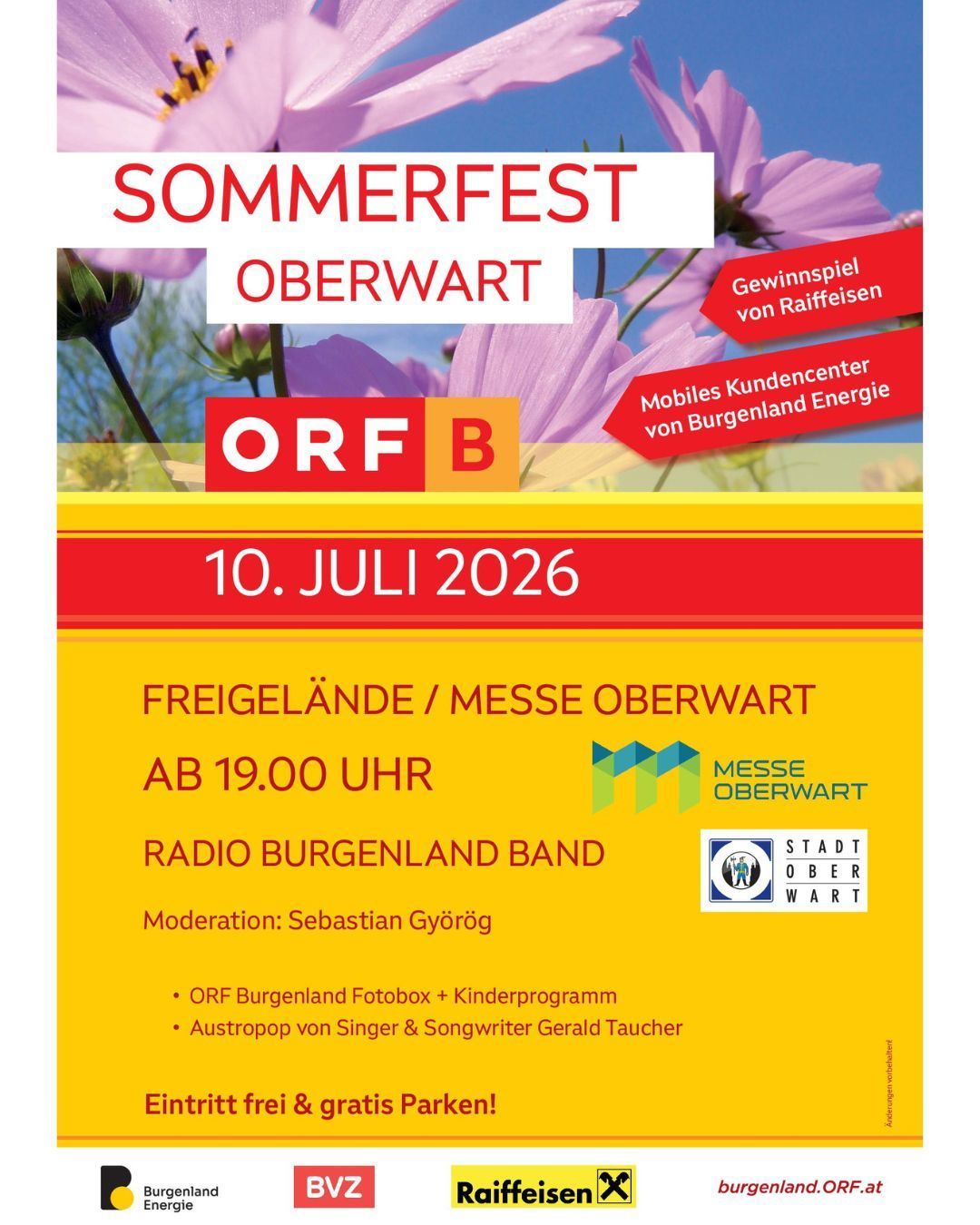 Poster for Sommerfest Oberwart on July 10, 2026, featuring ORF B radio, free admission, and activities like the ORF Burgenland Fotobox and children's program.