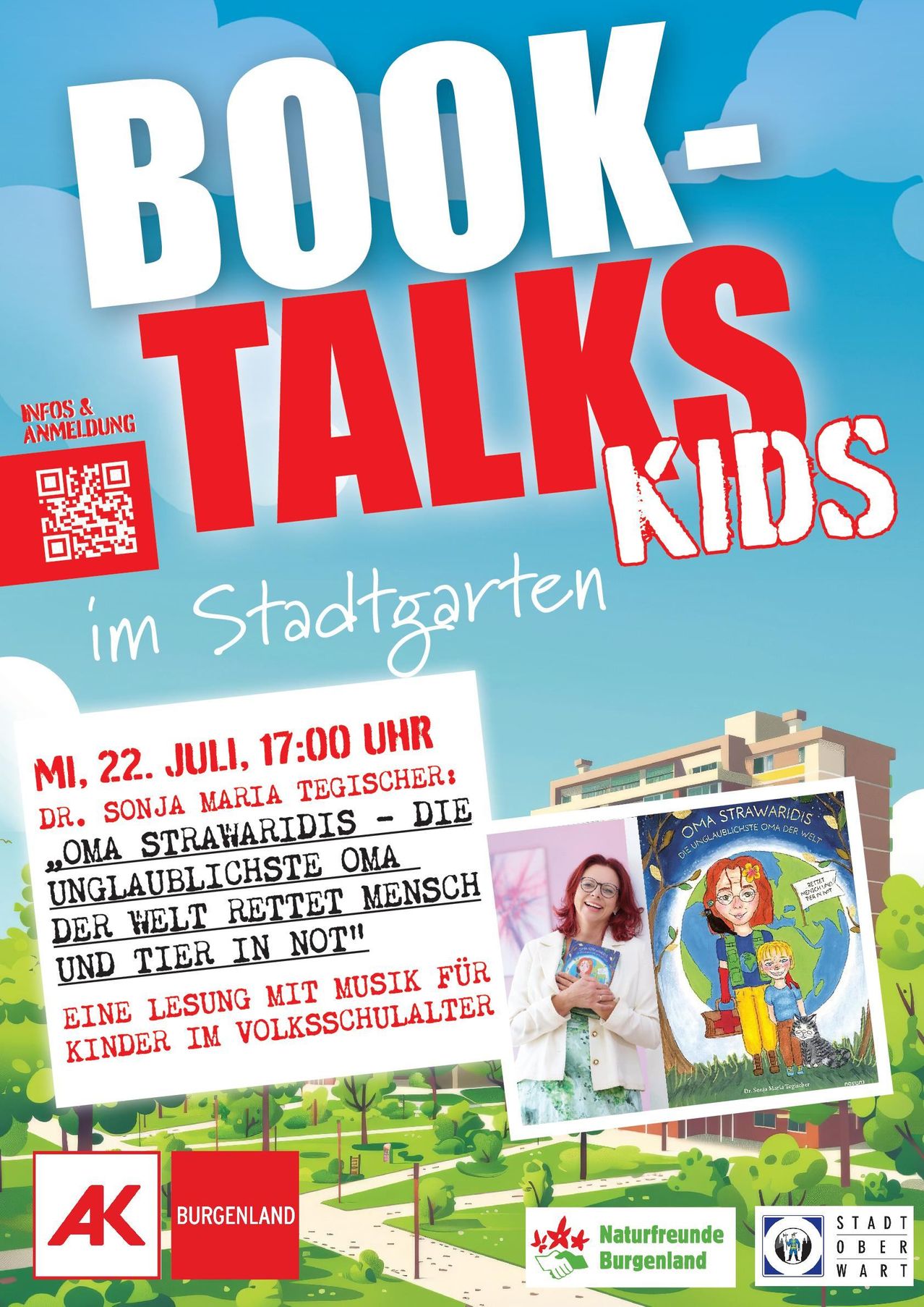 Poster for Book Talks Kids in Stadtgarten. Features a woman with a book, a QR code, and text in red. Scheduled for July 22 at 5 PM.