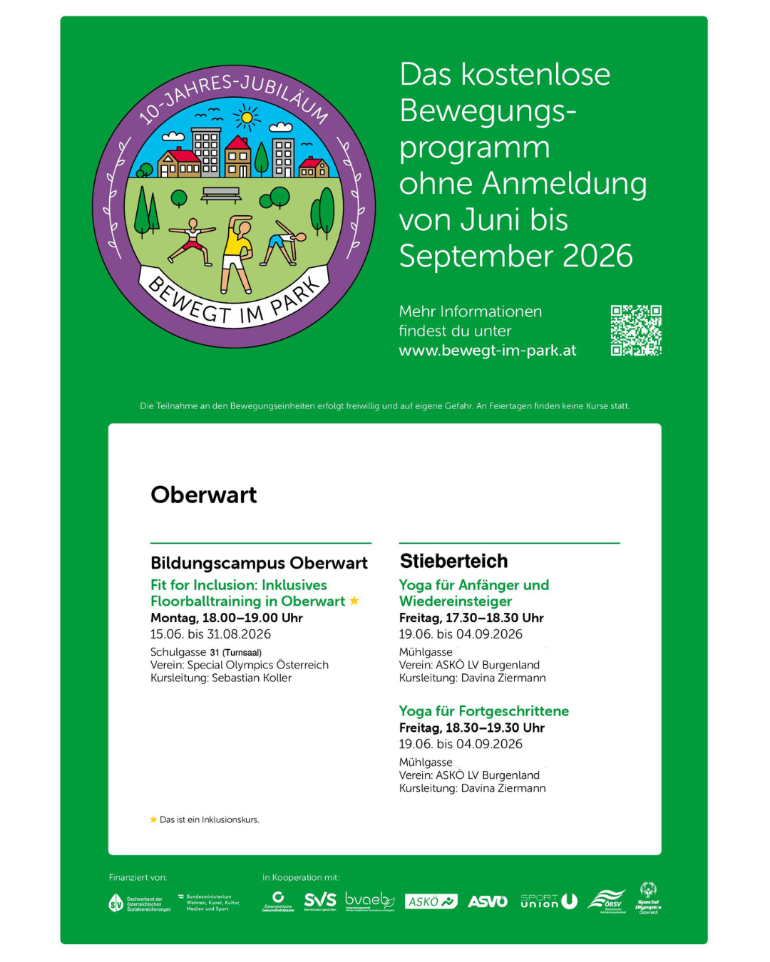 Flyer for the summer movement program without registration from June to September 2026. The flyer shows various activities and locations with dates and times. It includes inclusive activities and yoga sessions for beginners and advanced. The flyer is green with white text and a logo.